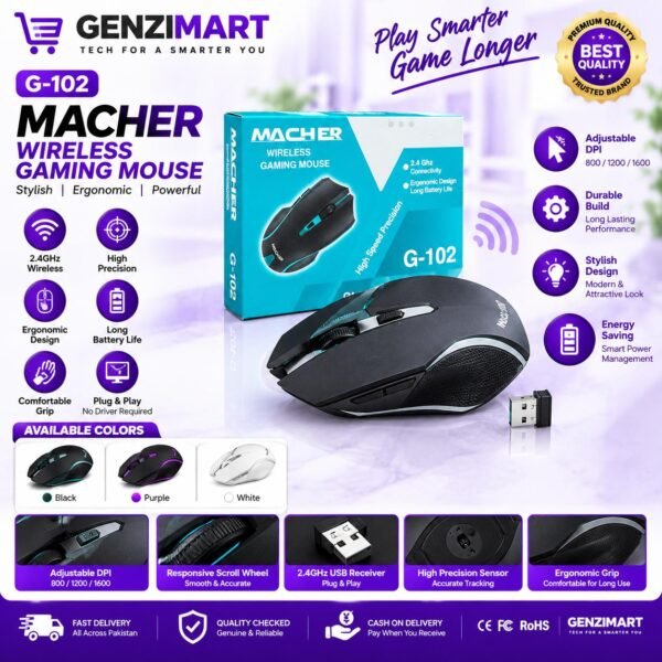 Macher G-102 Wireless Gaming MouseHigh-Speed Precision & Ergonomic Design Elevate your gaming and productivity.